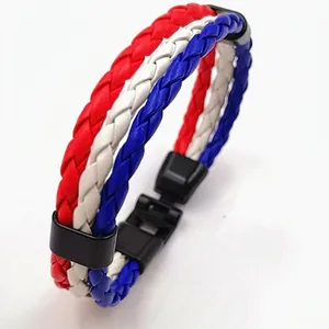 Detail shot of tricolor braided leather bracelet with black alloy buckle closure