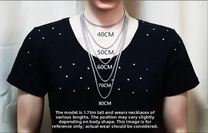 Guía de tallas con longitudes de collar de acero inoxidable de 40 cm a 80 cm en modelo