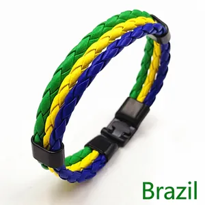 Handmade Cowhide Leather Braided Bracelet For Men Women Country Flag World Cup Theme Alloy Buckle Wristband Jewelry Gift