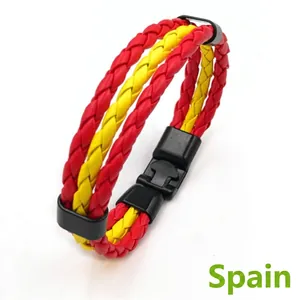Spain flag braided leather bracelet with alloy buckle for sports fans and couples