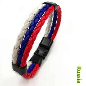 Three-color braided leather bracelet with Russia flag colors and black buckle clasp