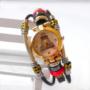 Vintage multi-layer leather wrap watch with Eiffel Tower dial and red bead accents