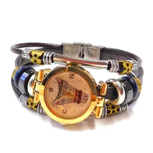 Vintage multilayer leather bracelet watch with Eiffel Tower dial and quartz movement