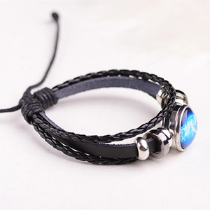 Multilayer braided leather zodiac bracelet with blue galaxy gemstone and adjustable cord