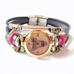 Vintage Multilayer Alloy Bracelet Watch Eiffel Tower Pattern Handmade Quartz Wristwatch Boho Jewelry Gift For Women