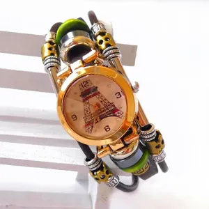 Vintage multilayer leather bracelet watch with Eiffel Tower dial and golden beads