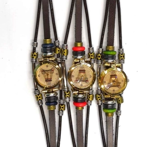 Vintage multi-layer leather wrap watch with Eiffel Tower dial and colorful beads