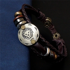 Bracelet rétro punk en cuir de vachette tressé avec breloque zodiaque Lion vintage