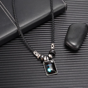 Glow-in-the-dark rectangular nebula pendant necklace with black braided cord for men