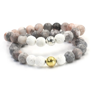 Frosted pink zebra and lava stone beaded bracelet set for men and women