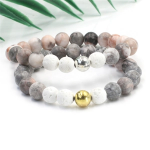 Natural Amber Pink Zebra Jasper Lava Stone Beaded Bracelet Unisex Electroplated Round Metal Bead Yoga Energy Jewelry