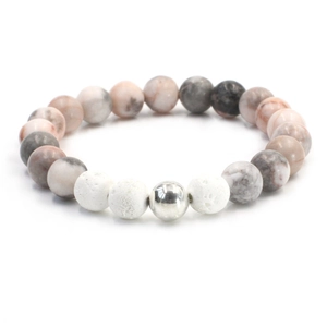 Pink zebra jasper and white lava stone beaded bracelet with polished silver metal bead