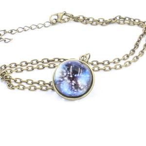 Solar system galaxy nebula pendant necklace with double-sided glass ball and bronze chain
