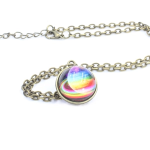 Solar system galaxy necklace with double-sided glass ball nebula pendant on bronze chain
