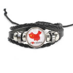 Bracelet multicouche en cuir punk avec breloque en verre drapeau I Love China