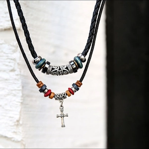 Retro Nautisch Legering Anker Hanger Ketting Voor Heren Dames Hout Hematiet Kralen Gevlochten Touw Etnische Sieraden