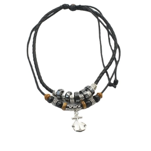 Retro nautische ankerketting met zwart gevlochten touw en Griekse kralen