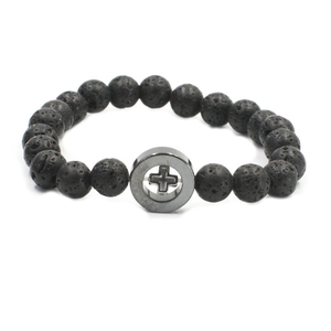 Natürliches Lavastein Kreuz Perlenarmband Für Damen Herren Magnetit Punk Religiöser Schmuck Elastisches Handgemachtes Armband