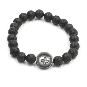 Lavastein Armband mit schwarzen porösen Perlen und einem Metall Kreuz Anhänger