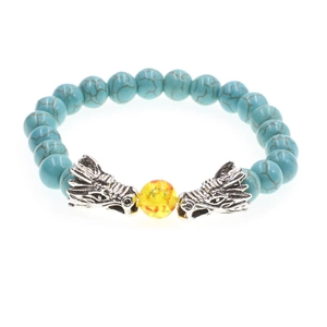 Handmade 8mm turquoise beaded bracelet with silver dragon heads and amber resin center bead