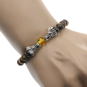 Tiger eye stone beaded bracelet for men with silver dragon head charms on a 8mm stretch cord