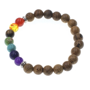 Detail of yoga bracelet featuring natural wood beads and seven colorful chakra stones
