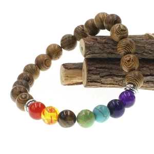 Chakra yoga bracelet with natural wenge wood beads and seven colored lava stones