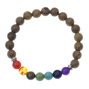 Handmade yoga chakra bracelet with natural wood beads and seven colorful energy stones