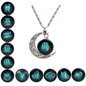 Vintage Alloy Luminous Zodiac Constellation Crescent Moon Pendant Necklace With Glass Cabochon Glowing Jewelry For Women