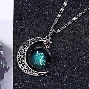 Glow in the dark Capricorn moon pendant necklace with celestial starry night constellation