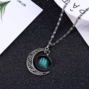 Luminous Scorpio crescent moon constellation necklace with star sky glass pendant in silver
