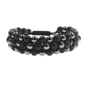 Three-layer lava stone and hematite beaded bracelet with adjustable black woven cord