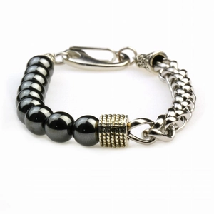 Men's tiger stone beaded bracelet with stainless steel wheat chain and golden spacer bead