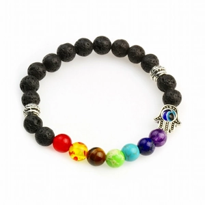 8mm Lavasteen 7 Chakra kralenarmband met zilveren Hamsa hand en Evil Eye bedeltje