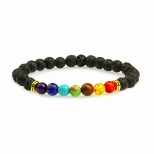 7 Chakra Lava-Naturstein-Yoga-Energie-Armband mit bunten Perlen und Metall-Distanzstücken