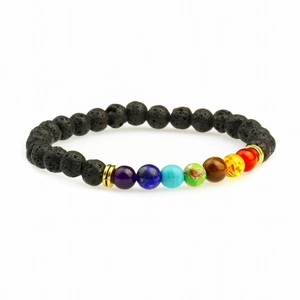 Chakra-Armband aus schwarzem Lavastein für Herren mit 8mm Yoga-Perlen und Goldstücken