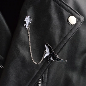 Creative astronaut and starry whale enamel brooch set with a silver connecting chain