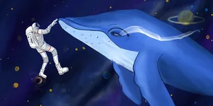 Detailed close-up of a whimsical astronaut and blue whale space enamel pin design