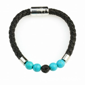 Bracelet de yoga en cuir noir tressé avec perles de turquoise bleue et pierre volcanique