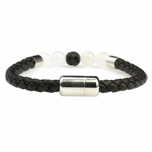 Bracelet de yoga en cuir tressé noir avec perles de lave et fermoir magnétique en métal