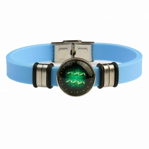 Adjustable sky blue silicone zodiac bracelet with stainless steel Aquarius glass charm
