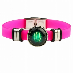 Adjustable hot pink silicone Virgo zodiac bracelet with stainless steel accents