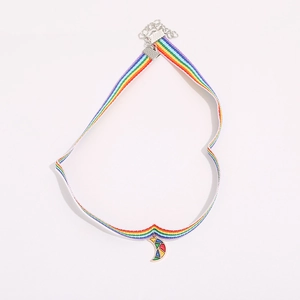 Close-up of heart-shaped rainbow woven choker with a colorful crescent moon pendant