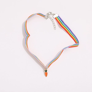 Rainbow striped woven choker necklace with a cute carrot pendant and metal clasp