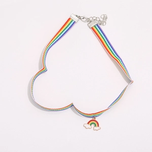 Rainbow striped choker with small cloud pendant arranged in a heart shape on white background
