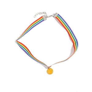 Rainbow woven choker with yellow smiley face pendant and adjustable silver chain