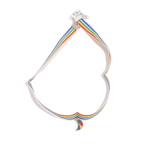Rainbow striped choker necklace with moon pendant arranged in a heart shape on white background