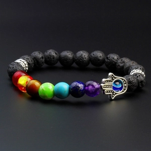 7 Chakra Hand Van Fatima Boze Oog Kralenarmband Natuurlijke Lavasteen Helende Energie Elastische Yoga Armband Voor Dames Heren Spirituele Sieraden Cadeau