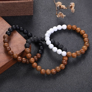 Lava stone and natural wood bead bracelet set with matte black onyx and white marble beads