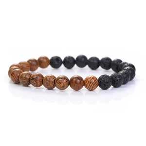 Minimalist beaded bracelet with dark brown wenge wood and black lava rock stones